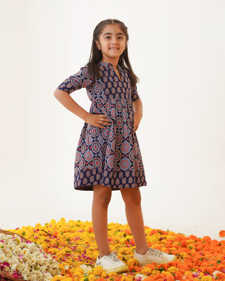 'Bits of Blue Ajrakh' Girl's Cotton Dress