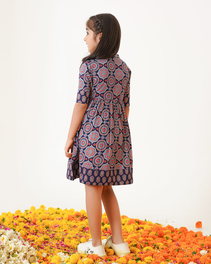'Bits of Blue Ajrakh' Girl's Cotton Dress