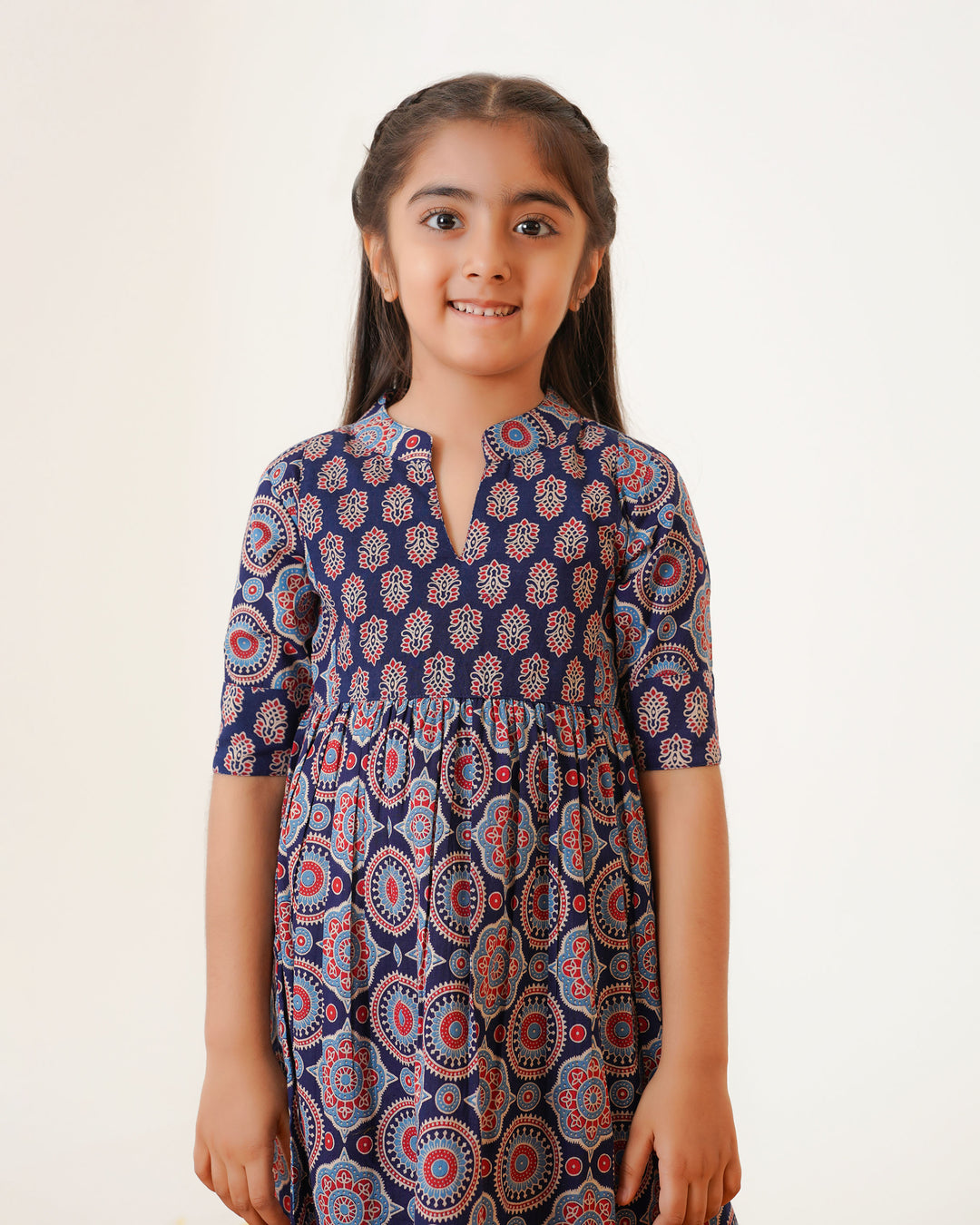 'Bits of Blue Ajrakh' Mom and Daughter Cotton Dresses