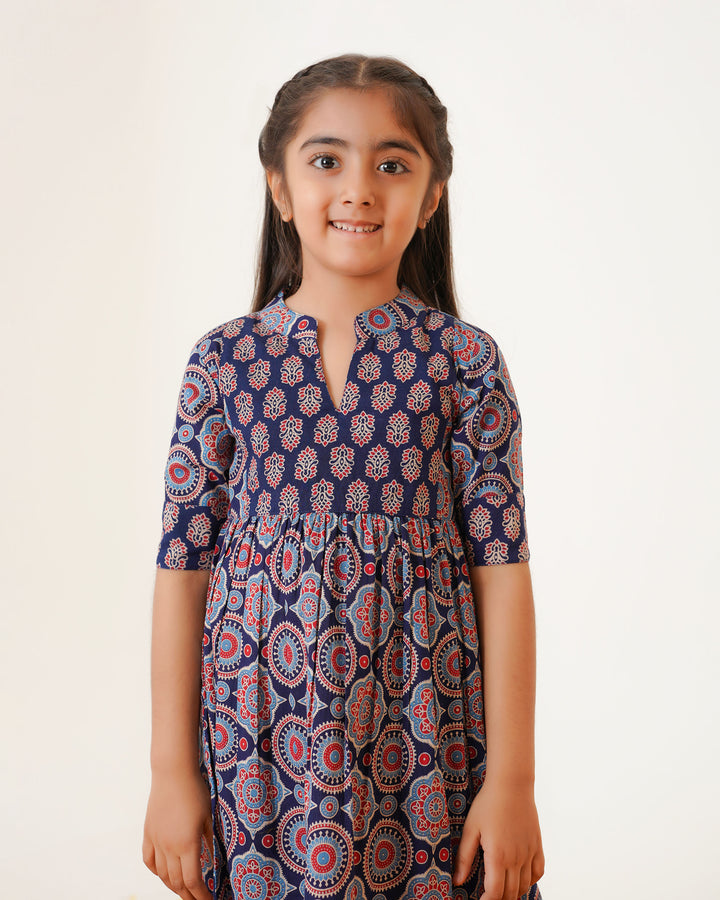 'Bits of Blue Ajrakh' Girl's Cotton Dress