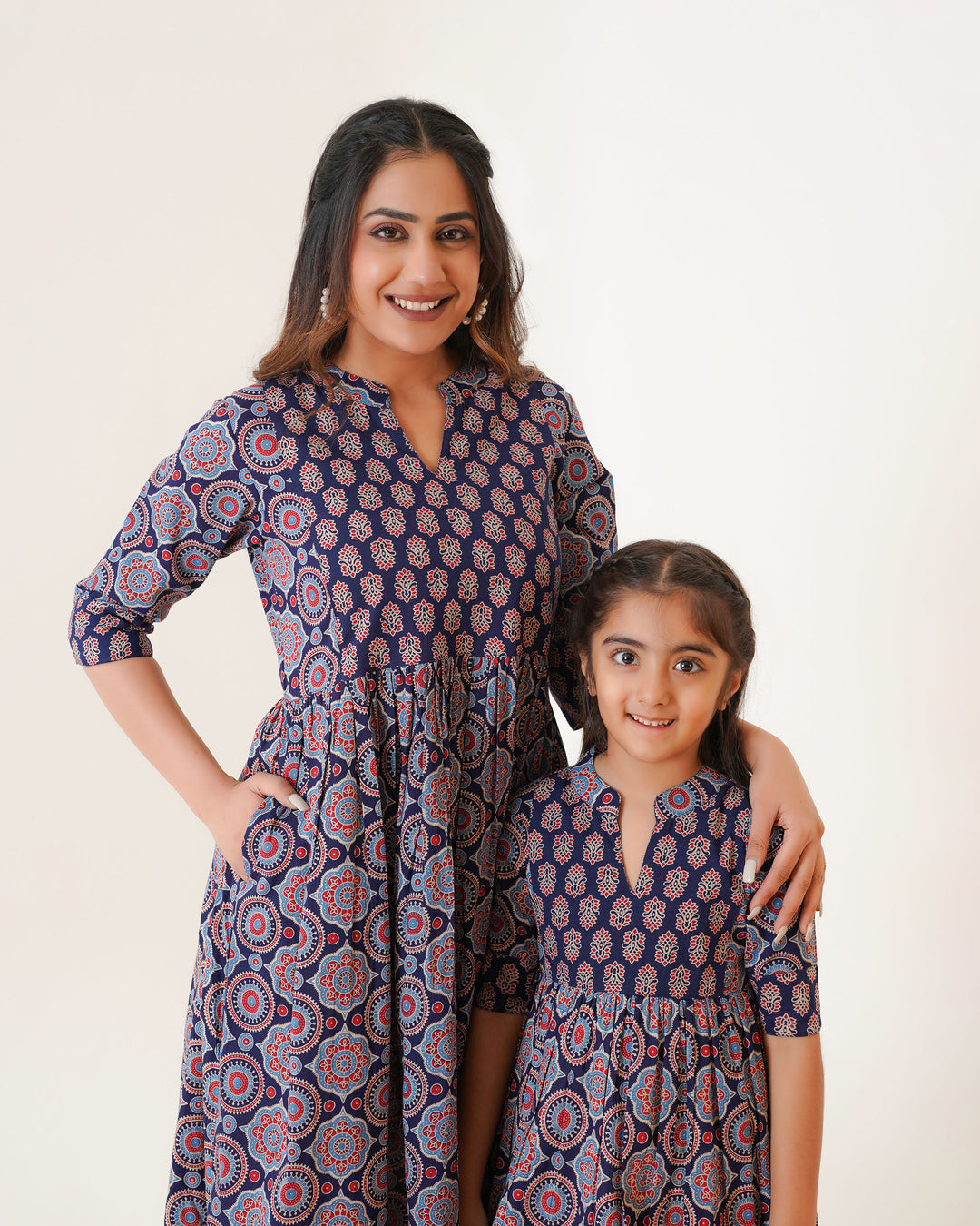 'Bits of Blue Ajrakh' Mom and Daughter Cotton Dresses