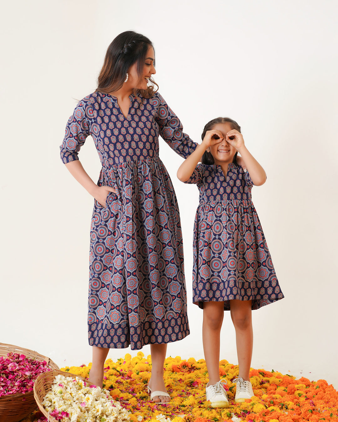 'Bits of Blue Ajrakh' Mom and Daughter Cotton Dresses