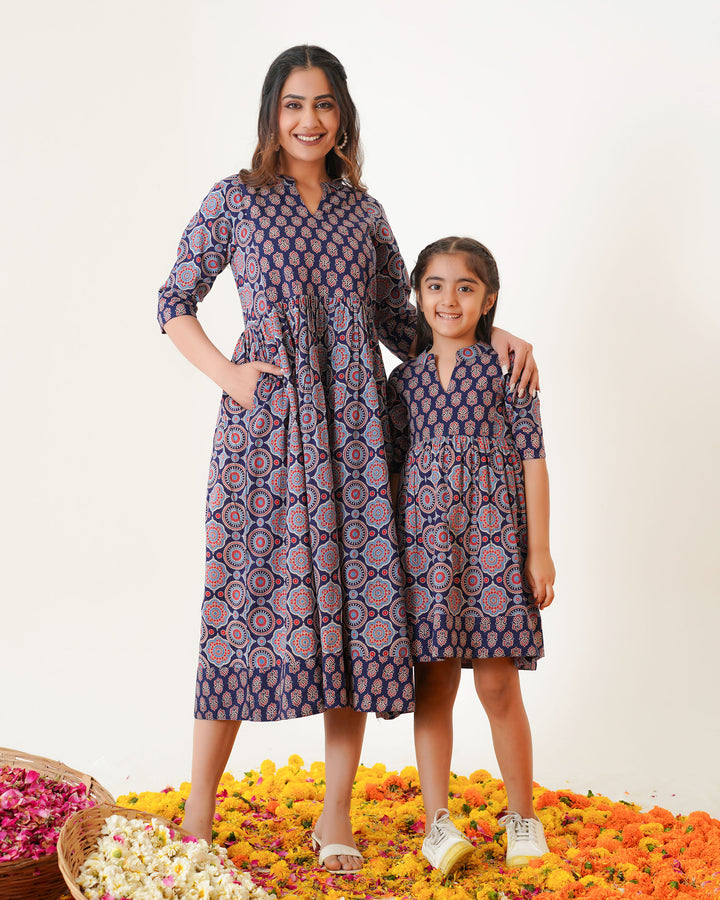'Bits of Blue Ajrakh' Mom and Daughter Cotton Dresses