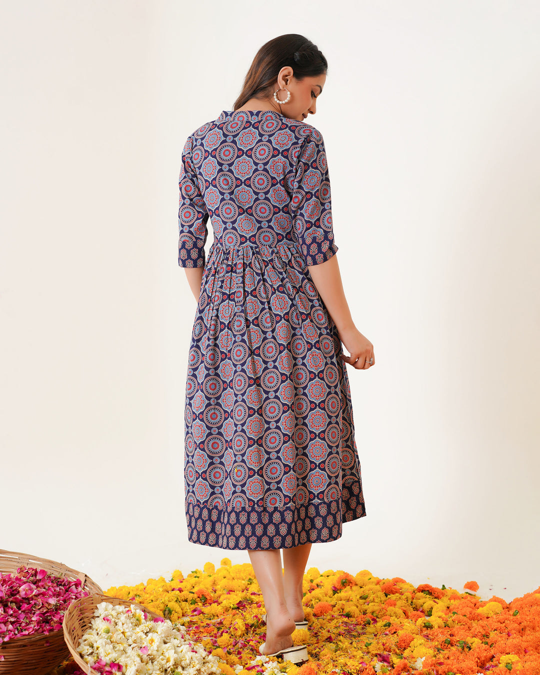 'Bits of Blue Ajrakh' Cotton Midi Dress with Pockets