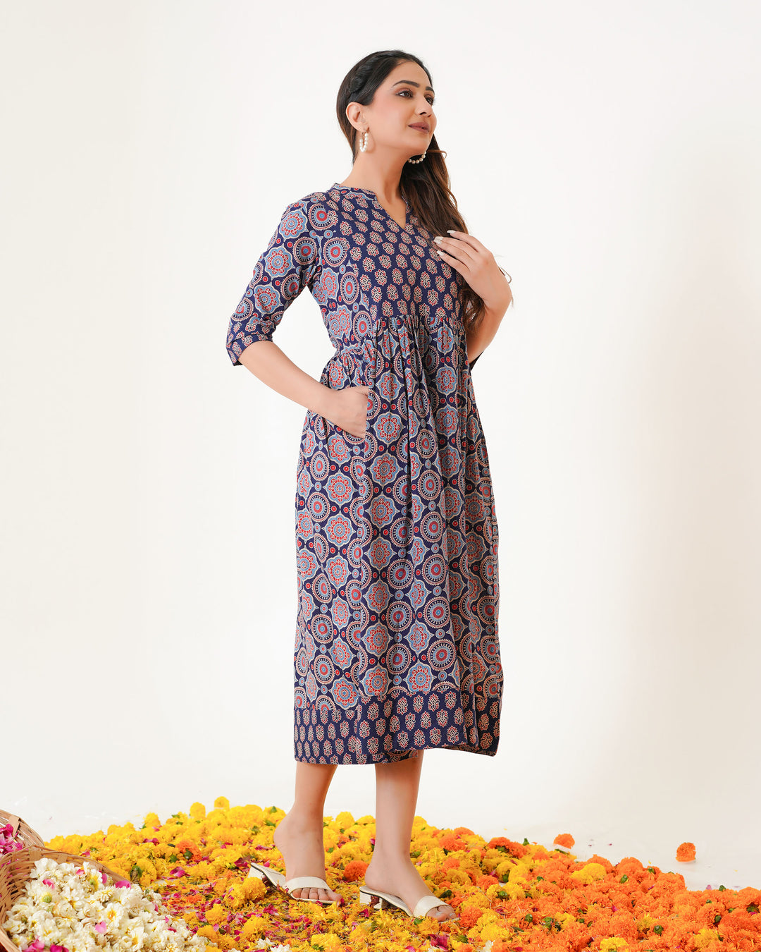 'Bits of Blue Ajrakh' Cotton Midi Dress with Pockets