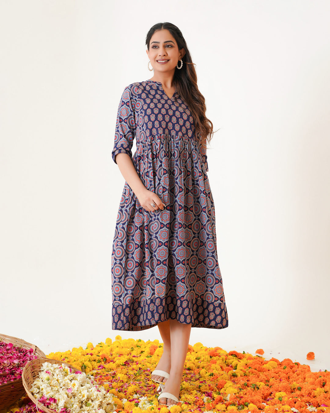 'Bits of Blue Ajrakh' Mom and Daughter Cotton Dresses
