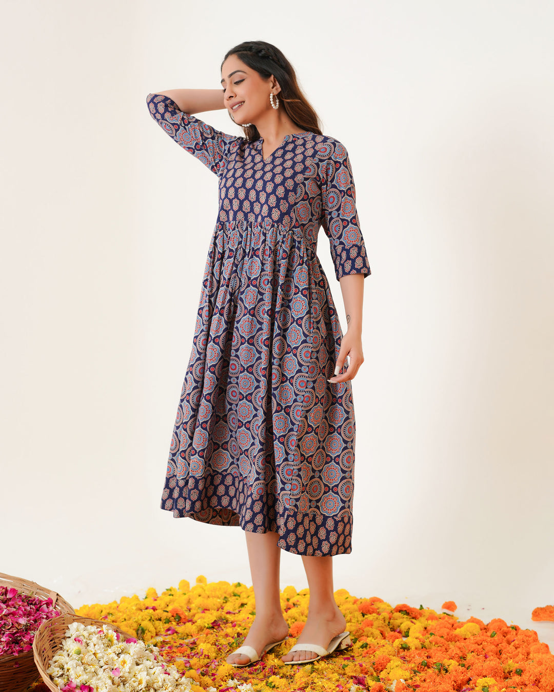 'Bits of Blue Ajrakh' Mom and Daughter Cotton Dresses