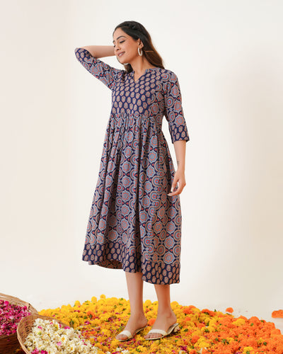 'Bits of Blue Ajrakh' Mom and Daughter Cotton Dresses