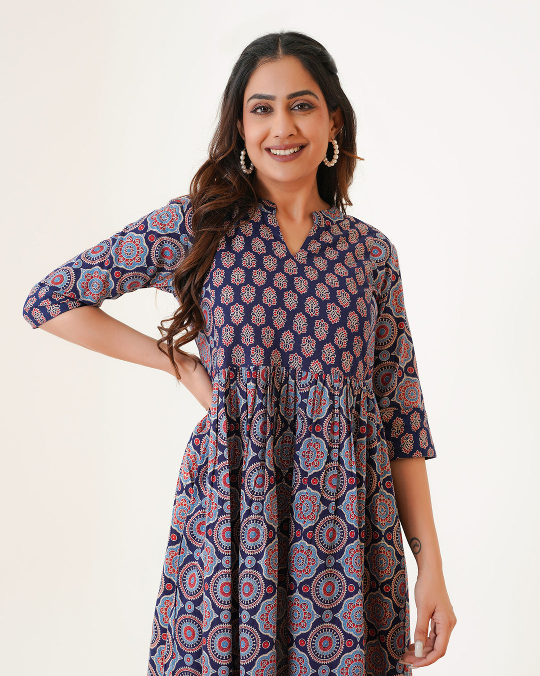 'Bits of Blue Ajrakh' Cotton Midi Dress with Pockets