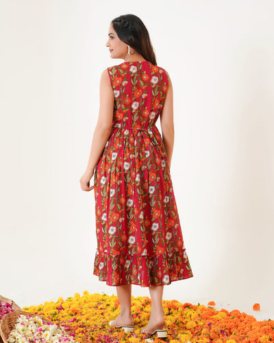 Scarlet Garden Cotton Midi Dress with Pockets