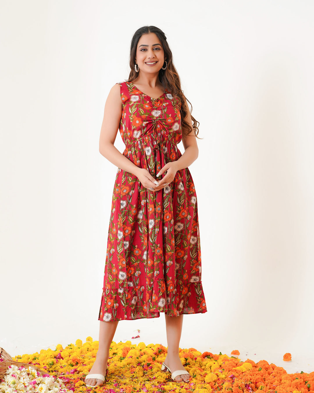 Scarlet Garden Cotton Midi Dress with Pockets