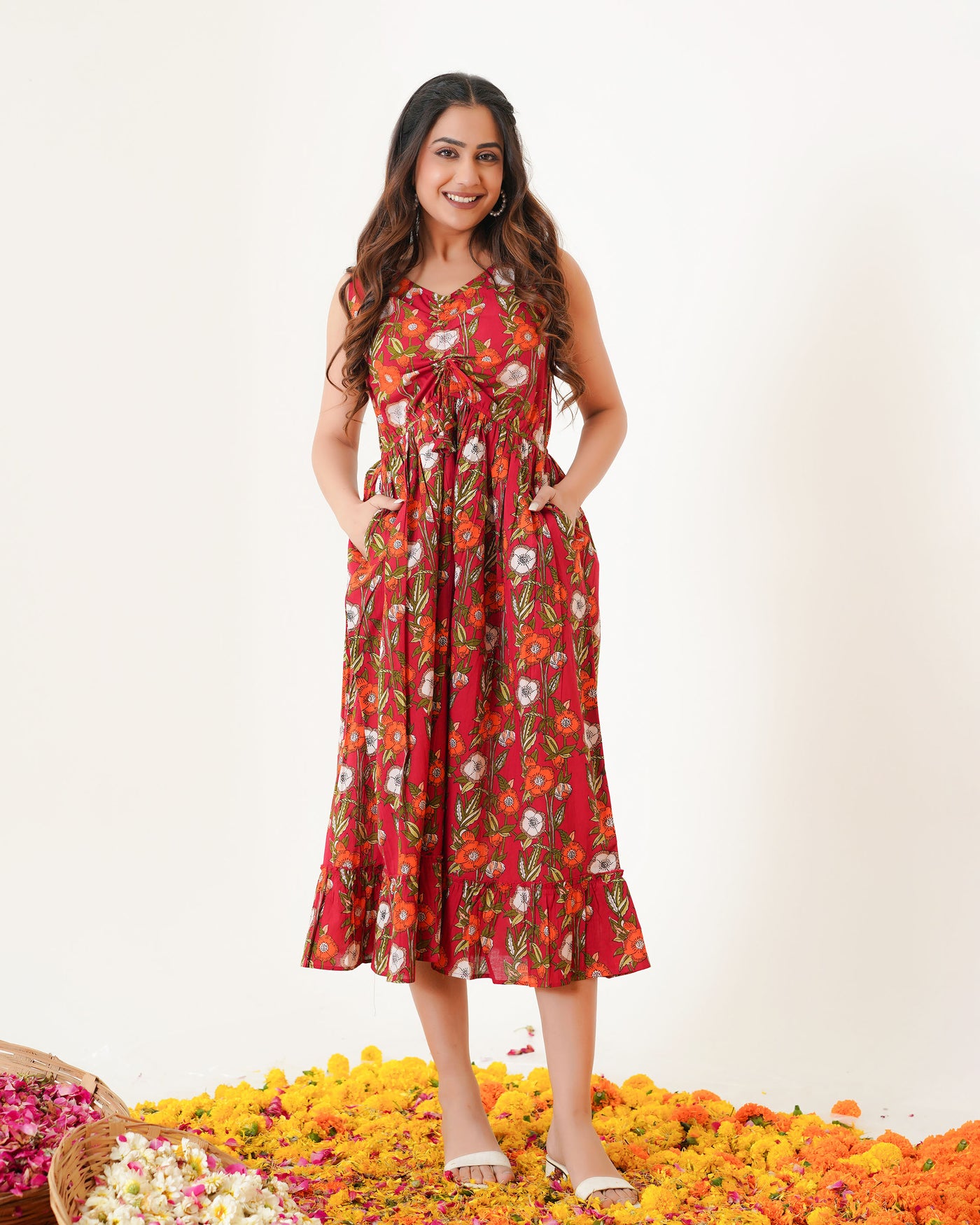 Scarlet Garden Cotton Midi Dress with Pockets