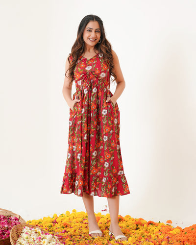 Scarlet Garden Cotton Midi Dress with Pockets