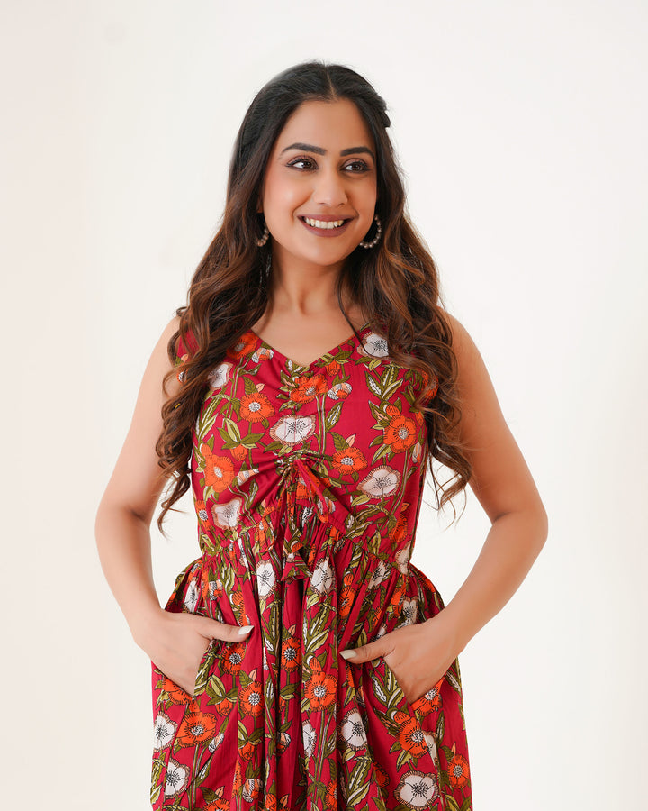 Scarlet Garden Cotton Midi Dress with Pockets