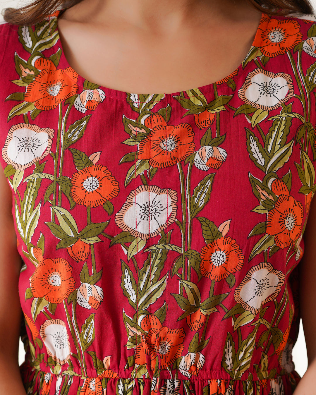 Scarlet Garden Cotton Midi Dress with Pockets