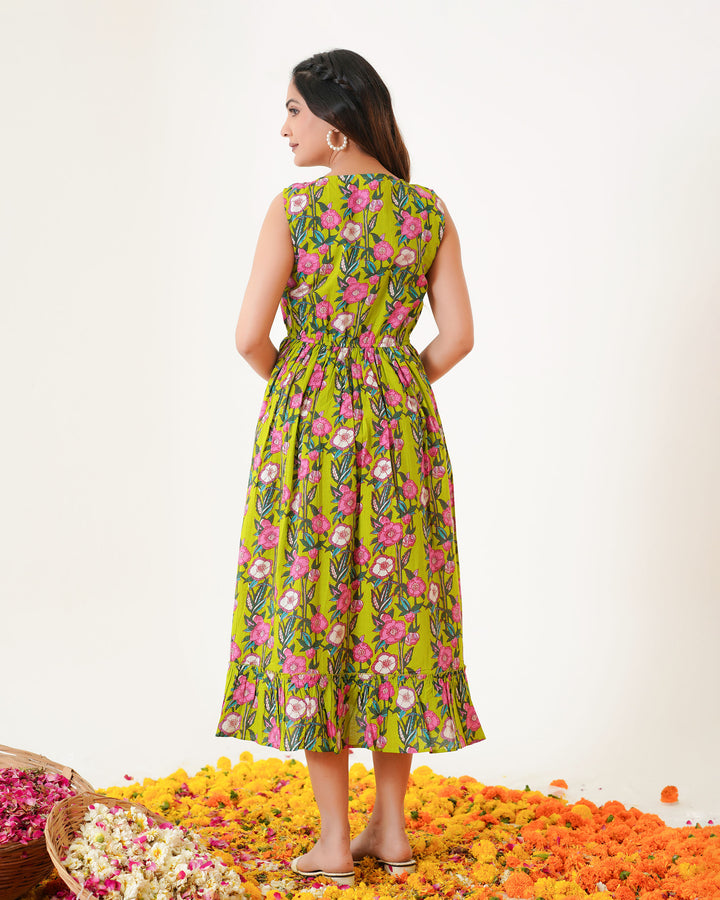 Lime Garden Cotton Midi Dress with Pockets