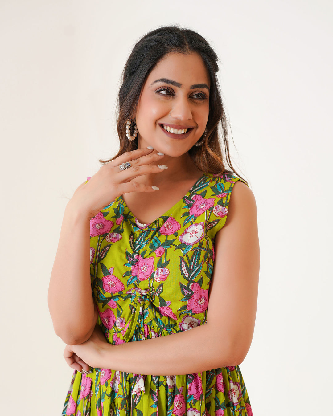 Lime Garden Cotton Midi Dress with Pockets