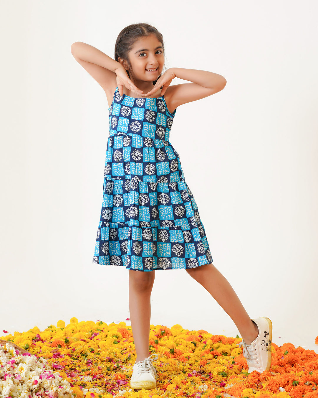 'Indigo Haze' Girl's 3-Tiered Cotton Dress