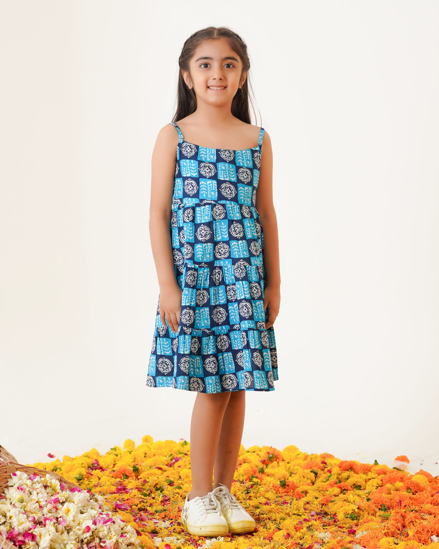 'Indigo Haze' Girl's 3-Tiered Cotton Dress