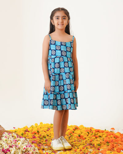 'Indigo Haze' Girl's 3-Tiered Cotton Dress
