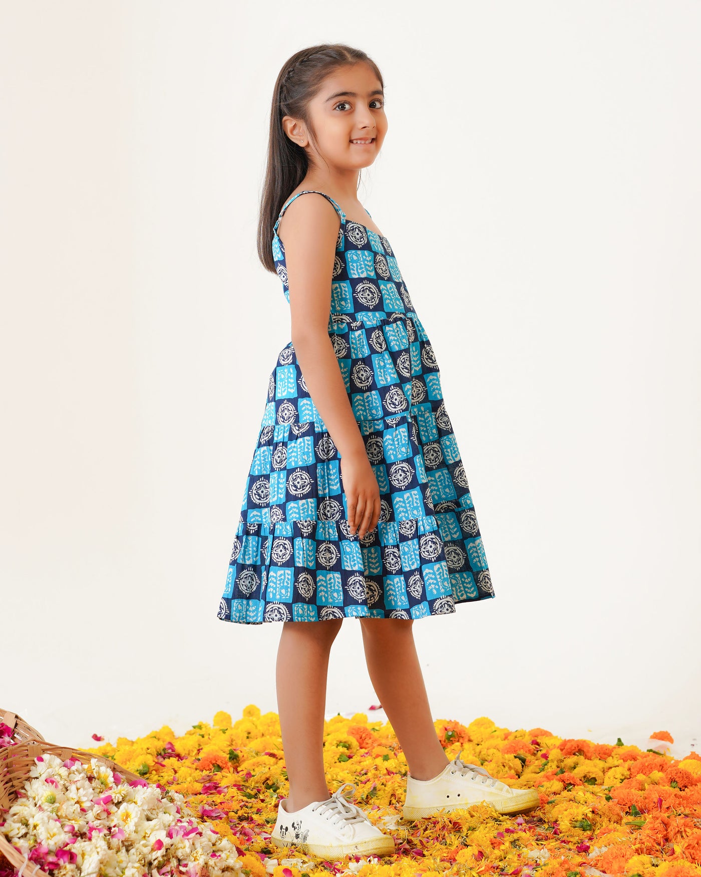 'Indigo Haze' Girl's 3-Tiered Cotton Dress