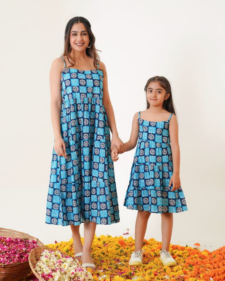 'Indigo Haze' Mom and Daughter Tiered Cotton Dresses