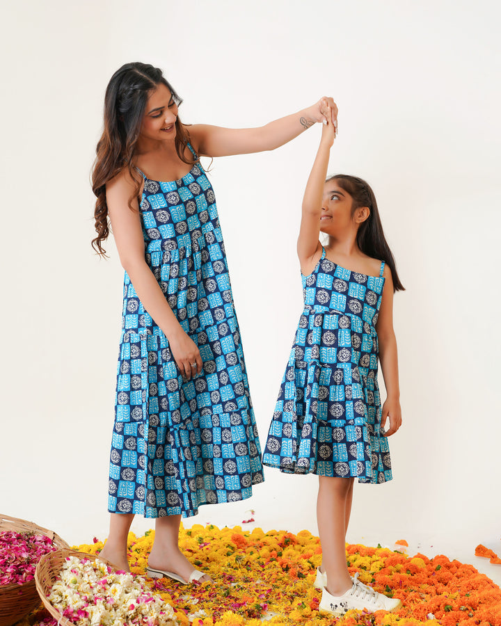 'Indigo Haze' Mom and Daughter Tiered Cotton Dresses