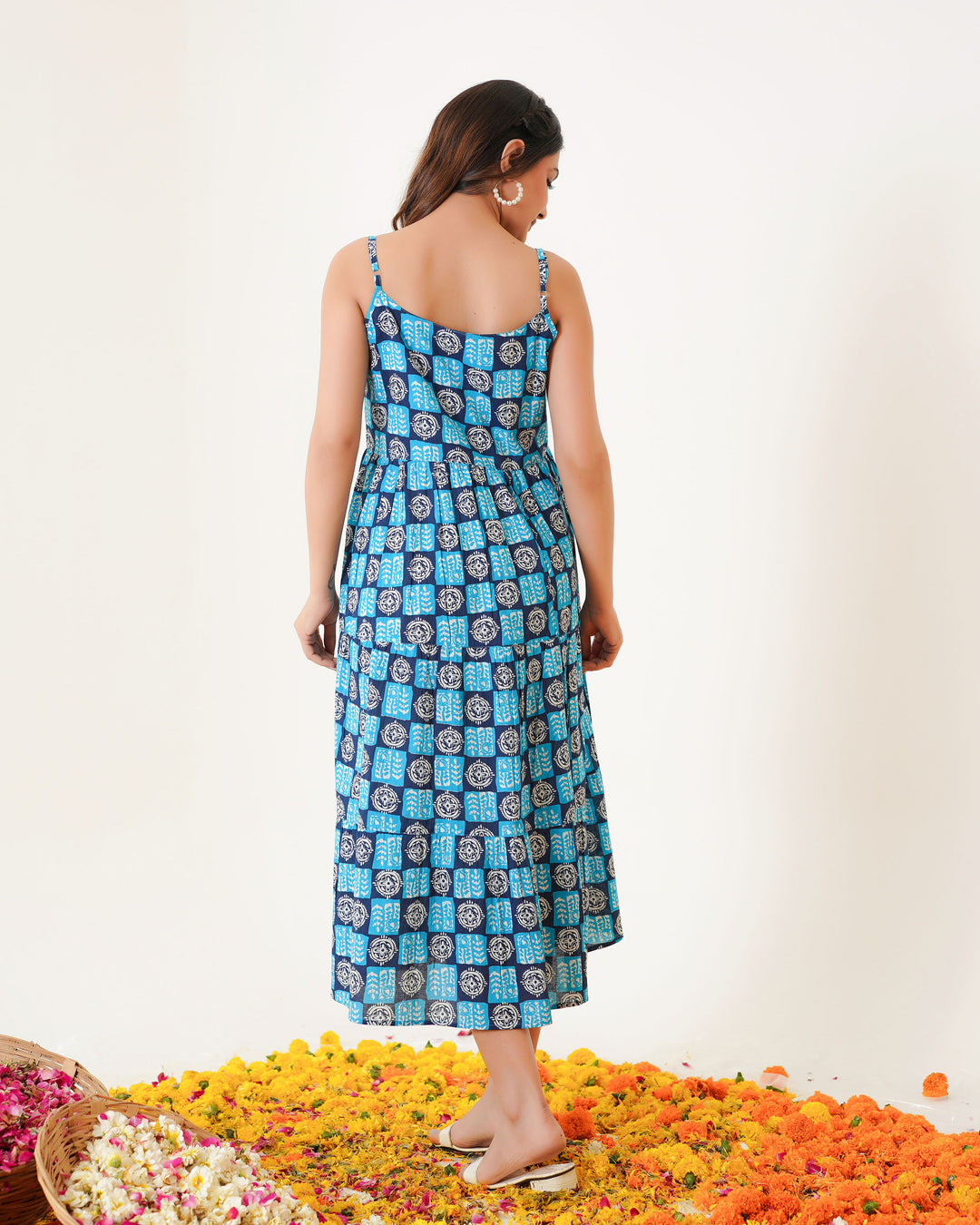 'Indigo Haze' 3-Tiered Cotton Midi Dress with Pockets