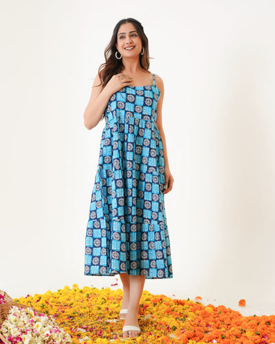 'Indigo Haze' 3-Tiered Cotton Midi Dress with Pockets