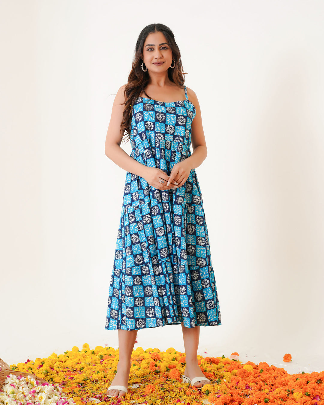 'Indigo Haze' 3-Tiered Cotton Midi Dress with Pockets