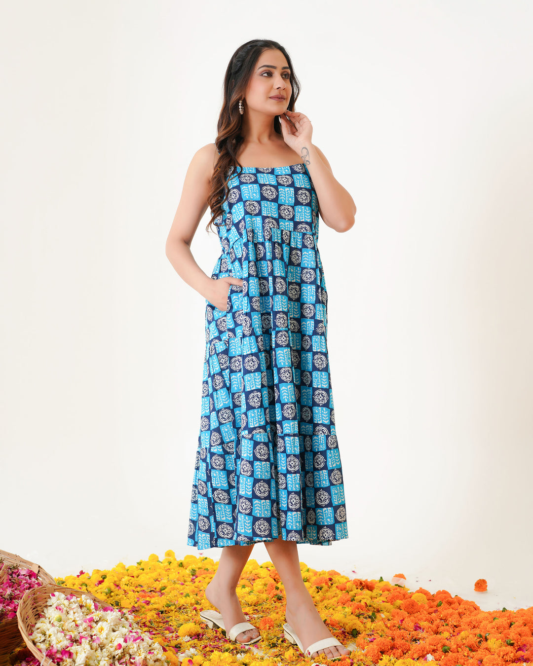 'Indigo Haze' 3-Tiered Cotton Midi Dress with Pockets