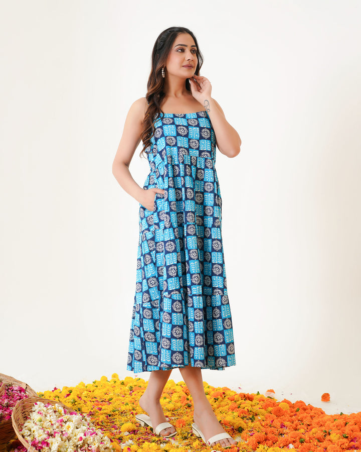 'Indigo Haze' 3-Tiered Cotton Midi Dress with Pockets