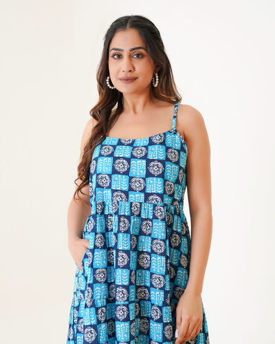 'Indigo Haze' 3-Tiered Cotton Midi Dress with Pockets
