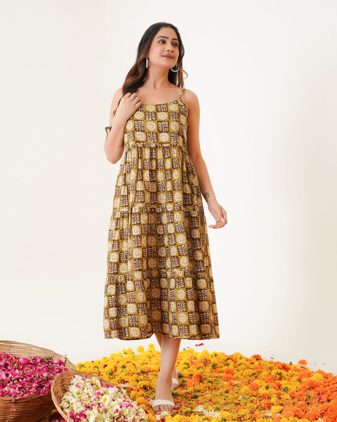 'Desert Haze' 3-Tiered Cotton Midi Dress with Pockets