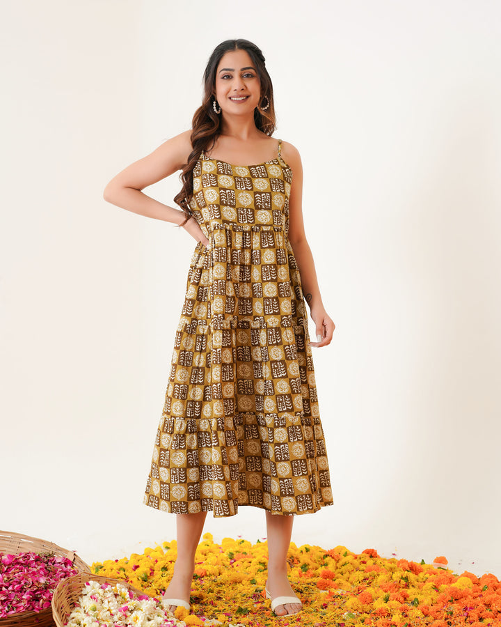 'Desert Haze' 3-Tiered Cotton Midi Dress with Pockets