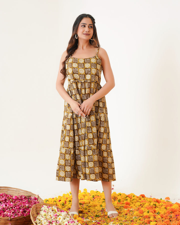 'Desert Haze' 3-Tiered Cotton Midi Dress with Pockets