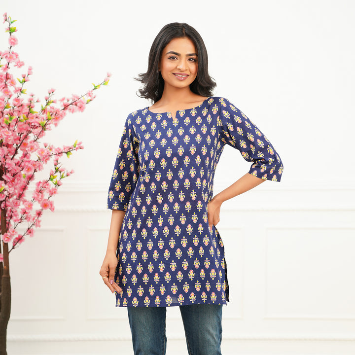 'Blue Booti' Cotton Short Kurti