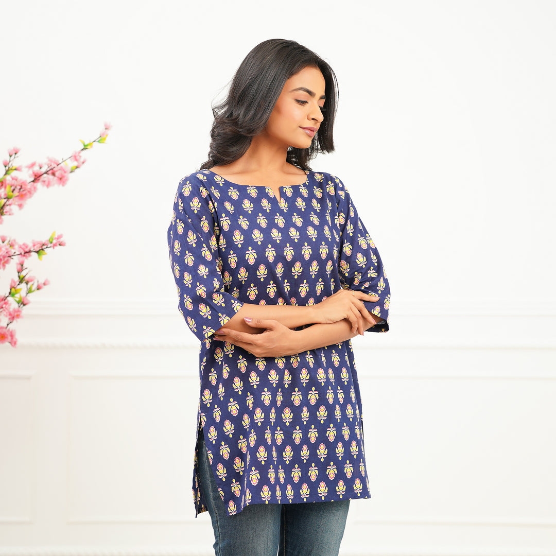 'Blue Booti' Cotton Short Kurti
