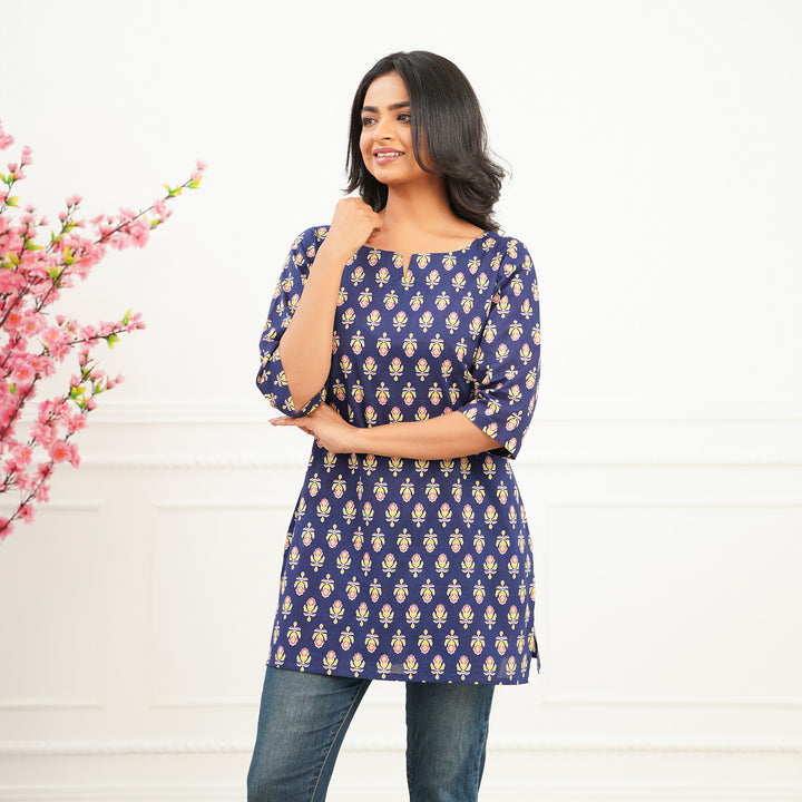 'Blue Booti' Cotton Short Kurti