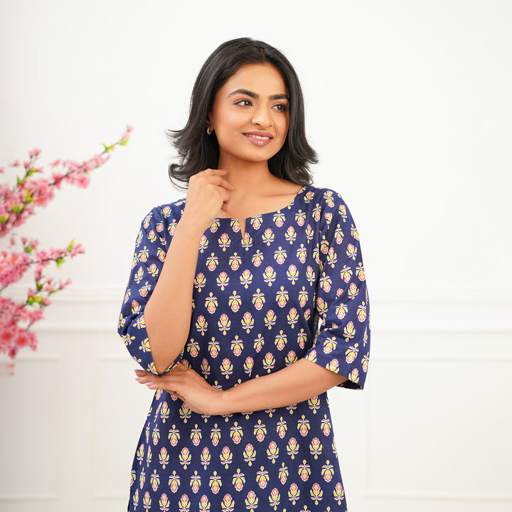 'Blue Booti' Cotton Short Kurti