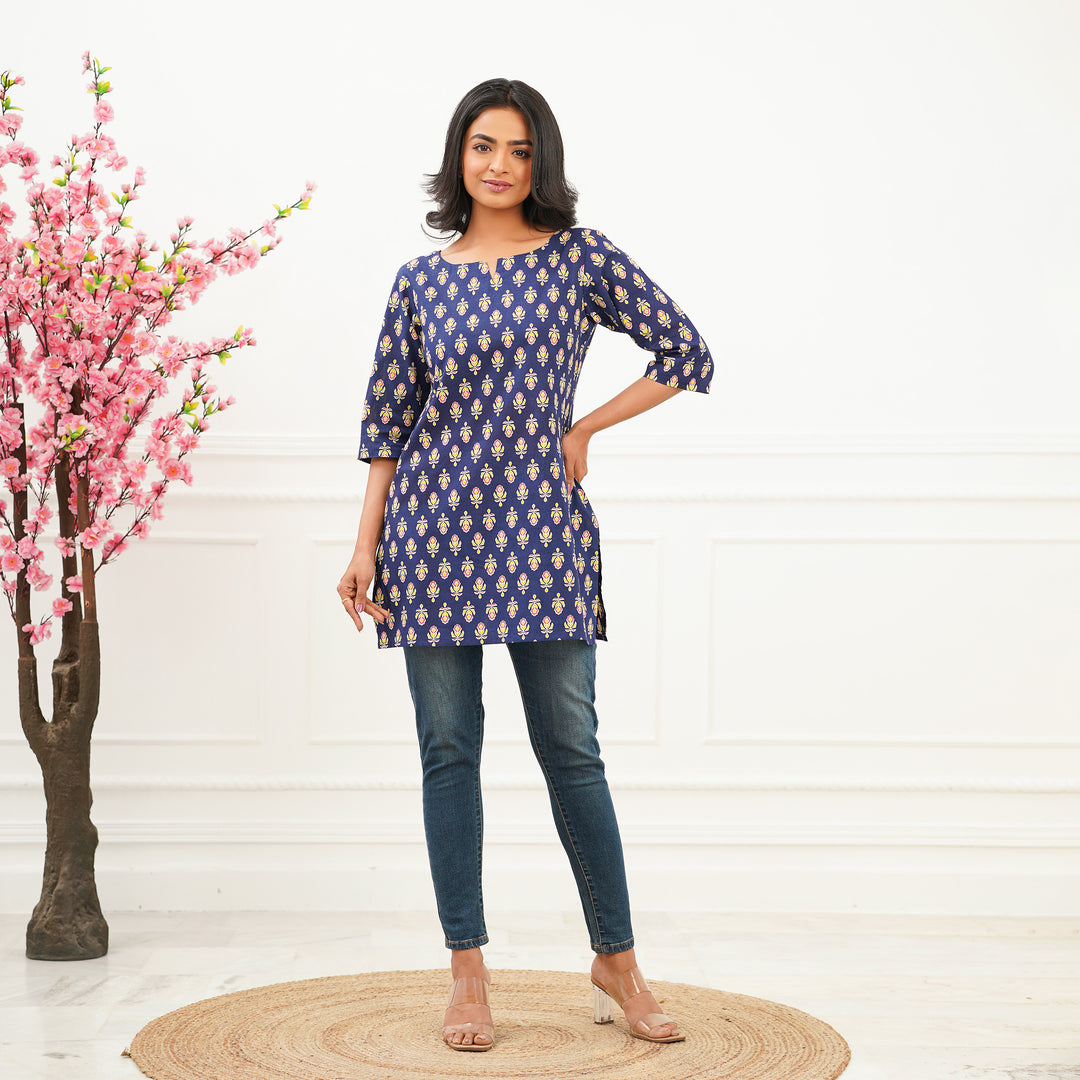 'Blue Booti' Cotton Short Kurti