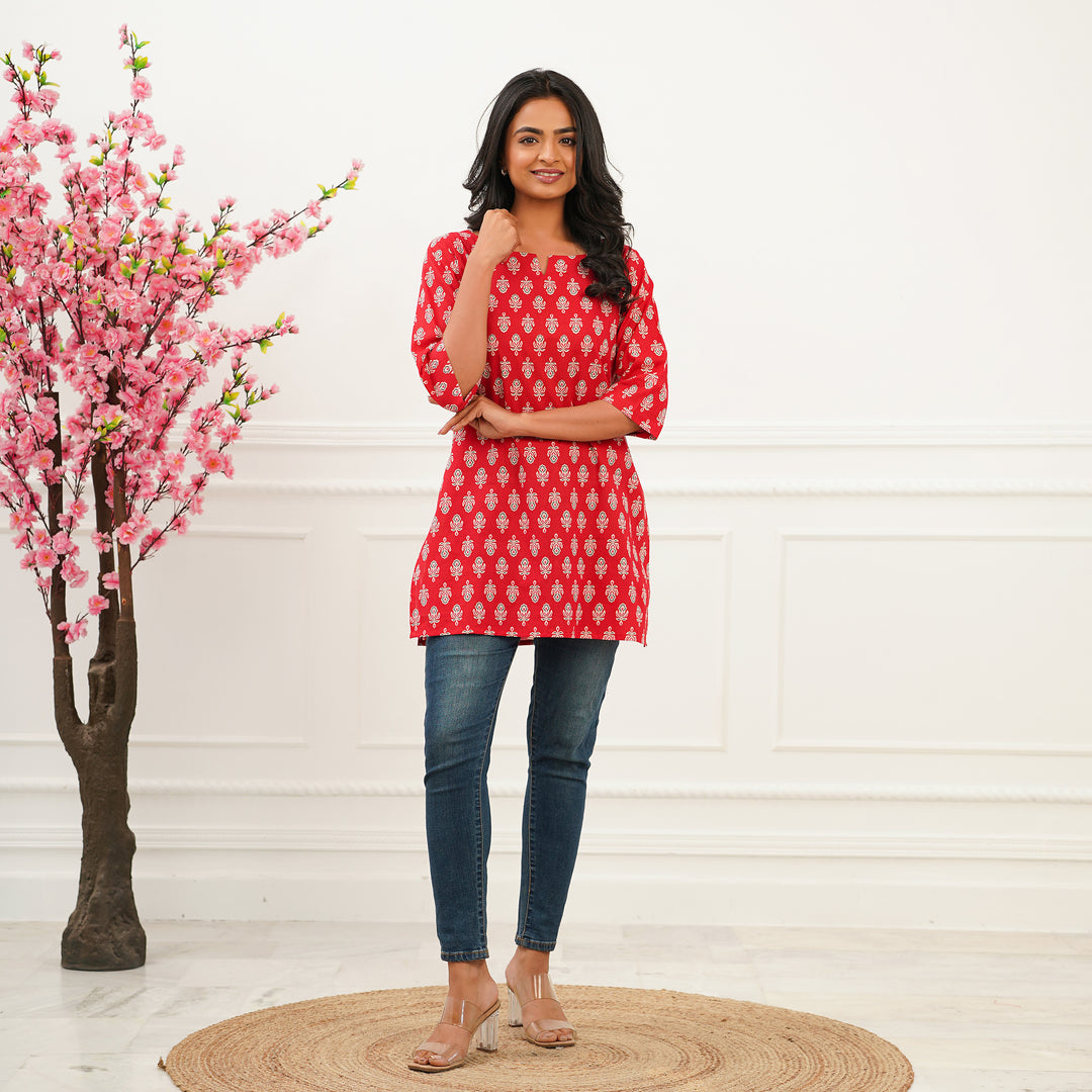 'Red Booti' Cotton Short Kurti