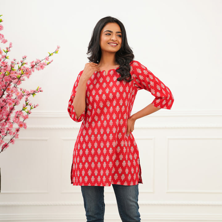 'Red Booti' Cotton Short Kurti