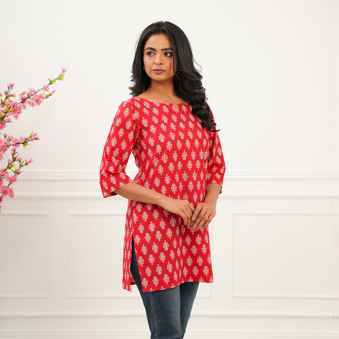 'Red Booti' Cotton Short Kurti