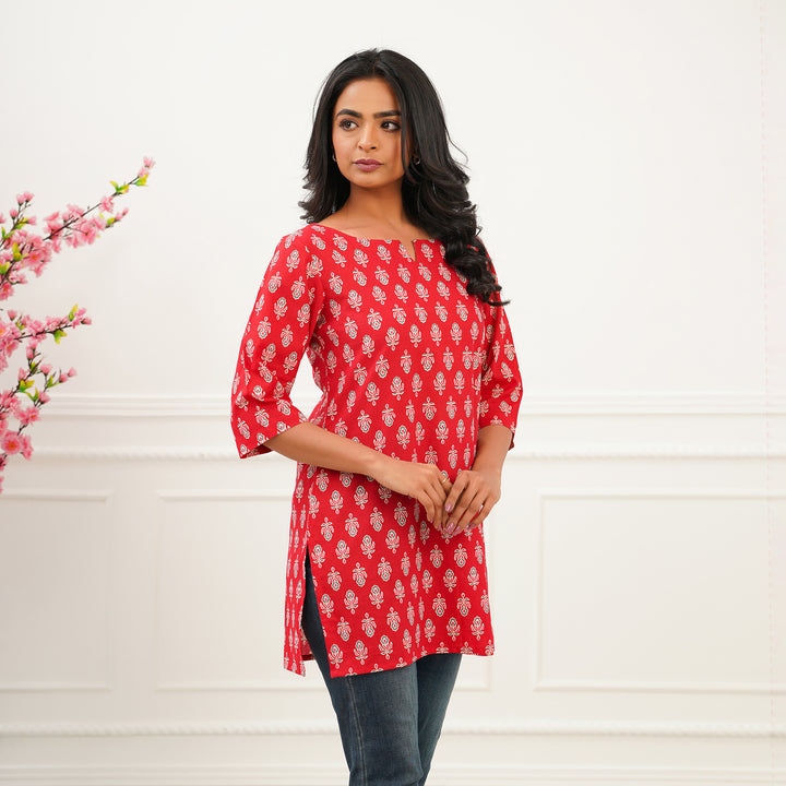 'Red Booti' Cotton Short Kurti