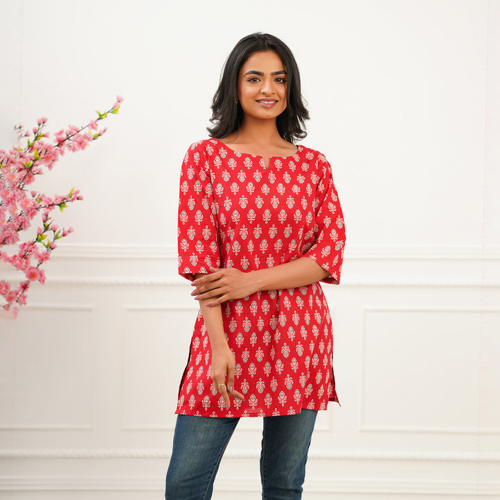 'Red Booti' Cotton Short Kurti