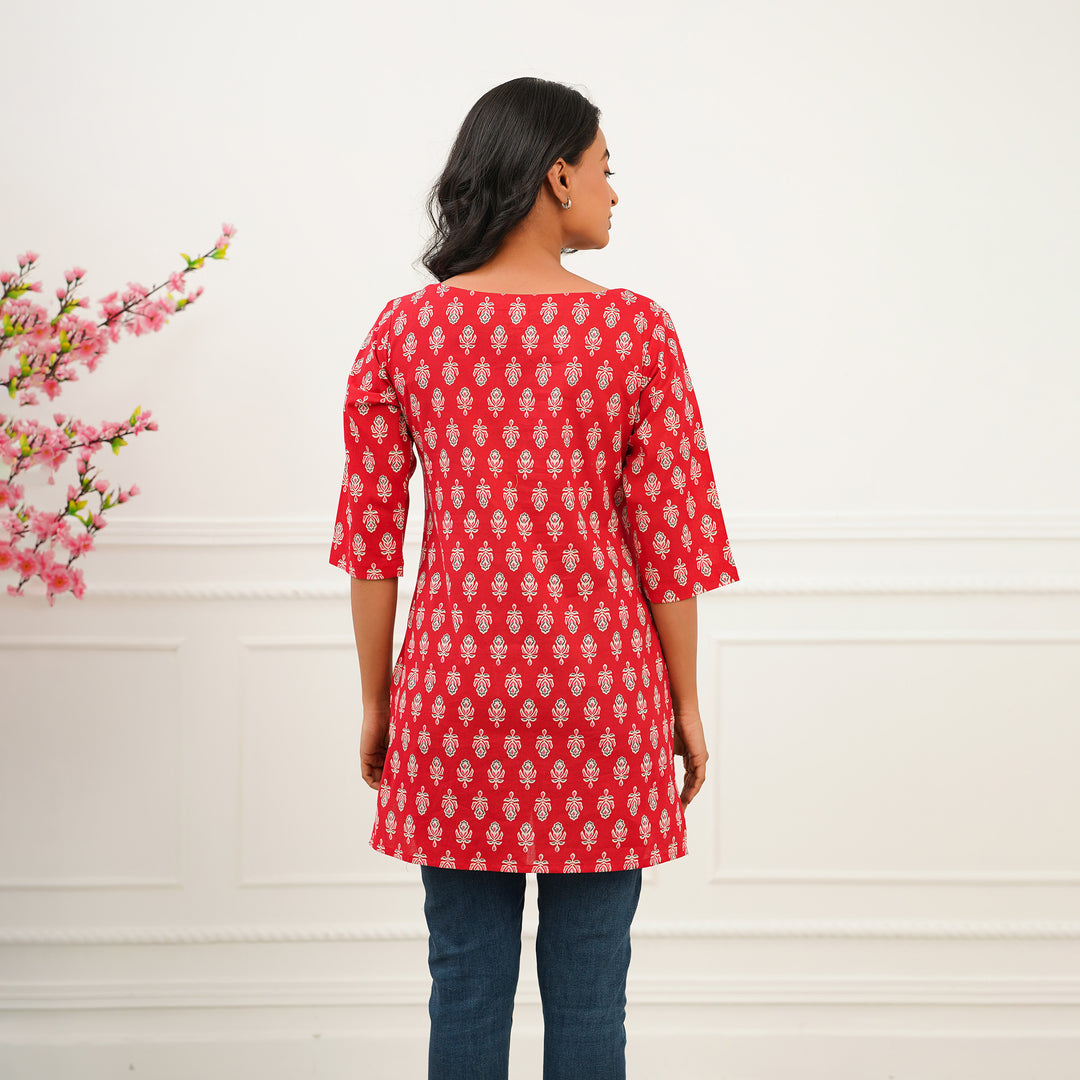 'Red Booti' Cotton Short Kurti