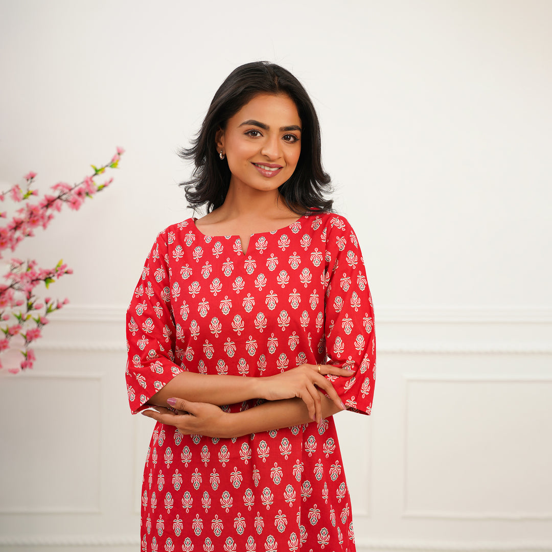 'Red Booti' Cotton Short Kurti