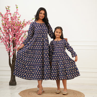 Blue Booti Mom and Daughter 3-Tiered Cotton Dresses