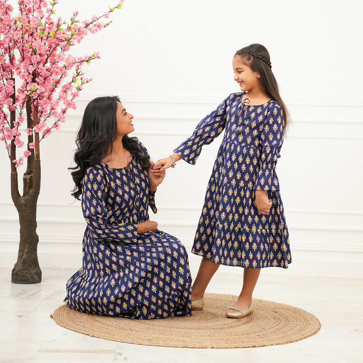 Blue Booti Mom and Daughter 3-Tiered Cotton Dresses